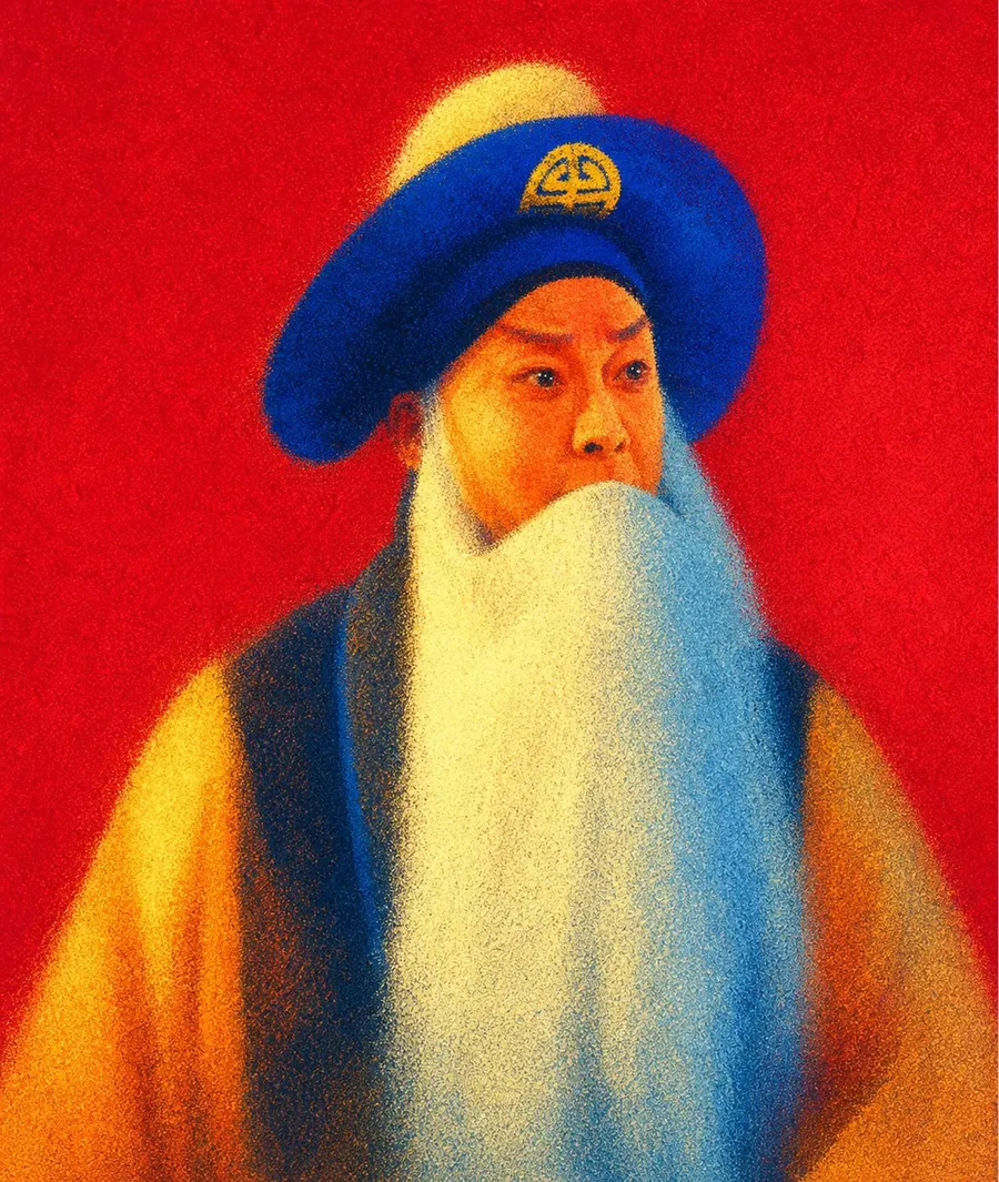 Lao sheng role — long white beard and blue hat